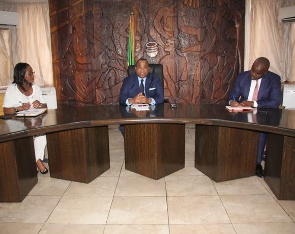 Julien Nkoghe Bekale en réunion avec le ministre de TP